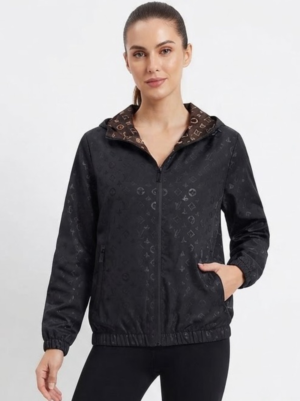 Monogram Hooded Windbreaker M/L 22” p2p Black/Brown NWOT